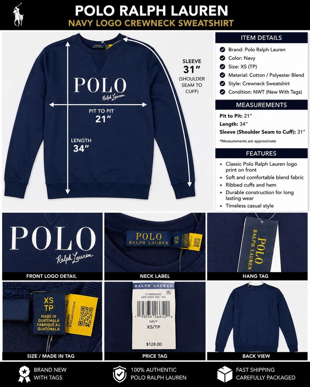 Polo Ralph Lauren Logo Sweatshirt Dress Navy XS New With Tags NWT $128